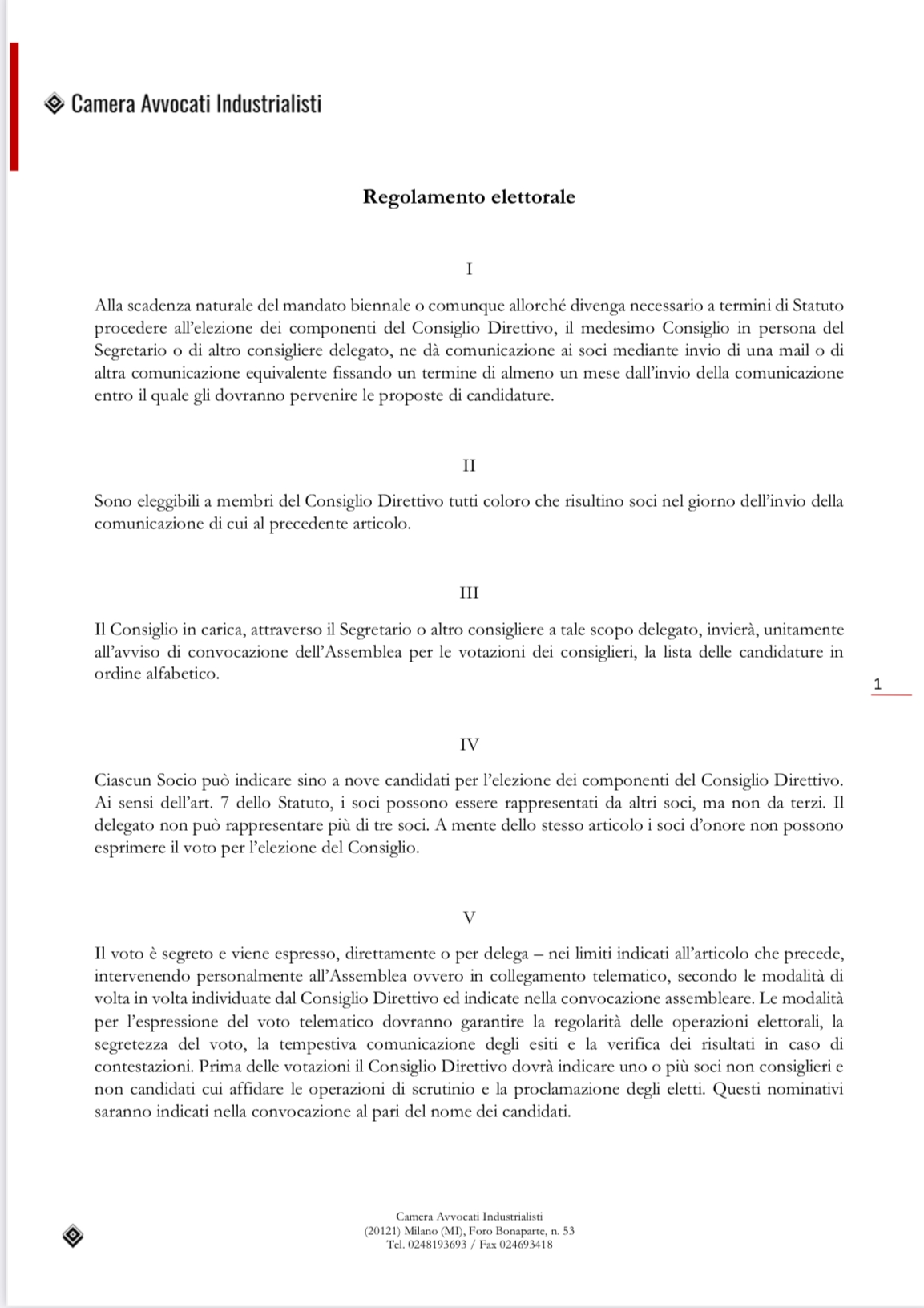 Regolamento elettorale - Camera Avvocati Industrialisti, Milano